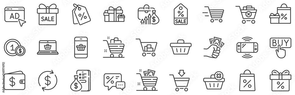 Gift, Present and Sale offer signs. Shopping wallet line icons. Shopping cart, Delivery gift and Tags symbols. Speech bubble, Discount, sale and wallet. Online buying. Surprise present. Vector Gift, Present and Sale offer signs. Shopping wallet line icons. Shopping cart, Delivery gift and Tags symbols. Speech bubble, Discount, sale and wallet. Online buying. Surprise present. Vector