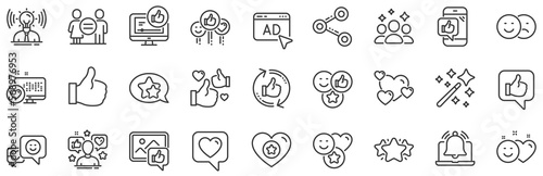 Set - Share network, Social links and Rating linear icons. Social media line icons. Heart, Feedback smile emotion and internet media. Share network, like icon, video content rating and dislike. Vector
