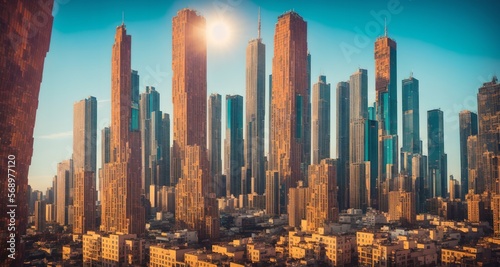 Megalopolis mega city future with huge skyline of skyscrapers, bright sunny, ai generated