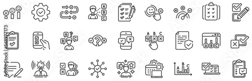 Opinion, Customer satisfaction feedback and Test icons. Survey, Report review line icons. Checklist review, Quiz and Business report symbols. Evaluation quiz, Feedback chart, Management. Vector