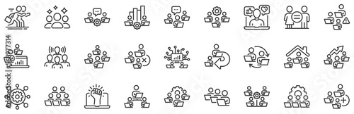 Working at home, Online Team worker, Remote office. Teamwork line icons. Artificial intelligence, Growth chart, Online home job line icons. Remote team work, people study, programmers. Vector