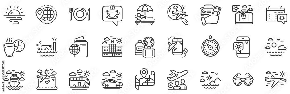 Passport, Luggage, Check in airport icons. Travel line icons. Airplane flight, Sunglasses, Hotel building. Passport check in document, Sea diving. Restaurant hotel food, luggage travel. Vector Passport, Luggage, Check in airport icons. Travel line icons. Airplane flight, Sunglasses, Hotel building. Passport check in document, Sea diving. Restaurant hotel food, luggage travel. Vector
