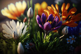 awakening flowers in the garden, spring background, ai generated