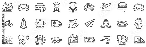 Taxi, Helicopter and subway train icons. Transport line icons. Truck car, Tram and Air balloon transport. Bike, Airport airplane and Ship, subway. Travel bus, ambulance car, paper airplane. Vector