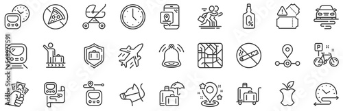 Subway map, Station location, Metro rules. Underground line icons. Dog on leash, Apple core, No smoking outline icons. Underground tickets, No alcohol drink, food at metro. Baby carriage place. Vector