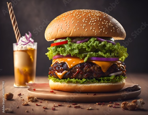 A yummy burger with cola 