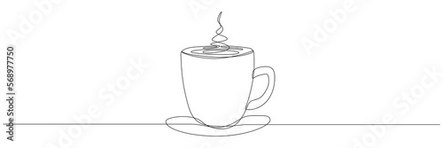 Cup continuous line art. Coffee or tea cup one line drawing. Hot drink with steam. Vector isolated on white.