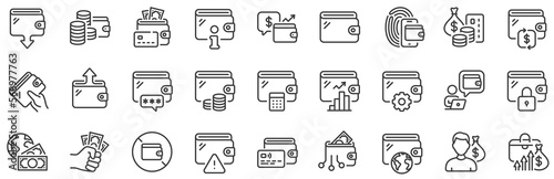 Money transfer, Credit card payment, Withdraw funds icons. Wallet line icons. Cash purse, Fingerprint access and online Wallet. Money commerce, Deposit transfer and Calculate cash budget. Vector