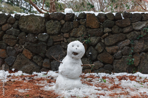 Close-up of the snowman on the trail. photo