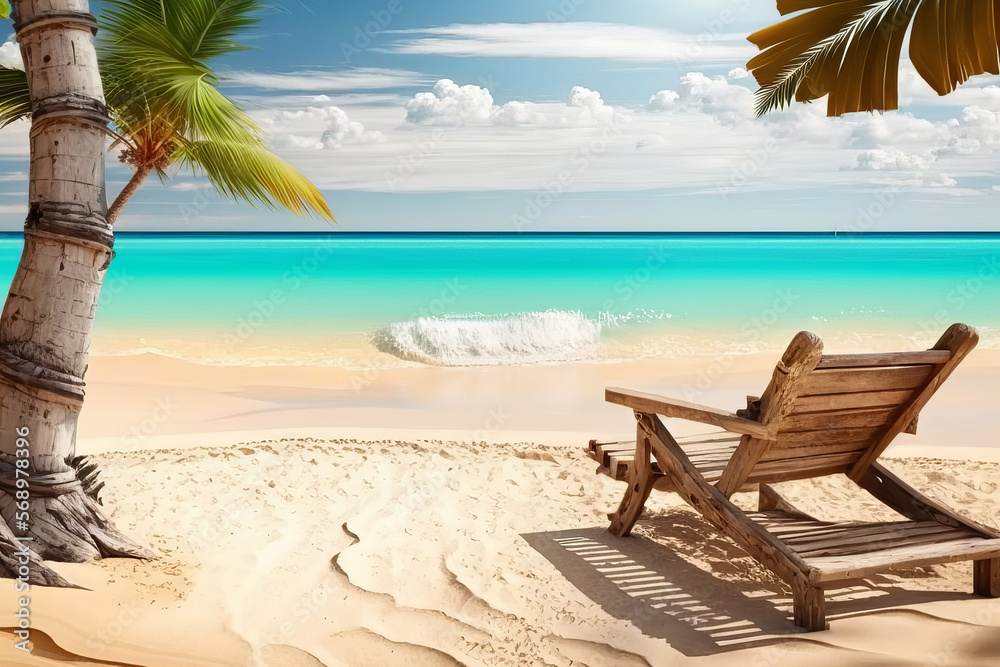 Tropical beach with lounger and sea(Generative KI)