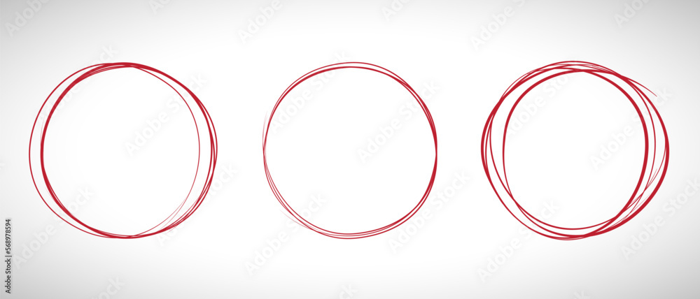 Red circle line hand drawn set. Highlight hand drawing circle isolated on background. Round handwritten red circle. For marking text, note, mark icon, number, marker pen, pencil and text check, vector Red circle line hand drawn set. Highlight hand drawing circle isolated on background. Round handwritten red circle. For marking text, note, mark icon, number, marker pen, pencil and text check, vector