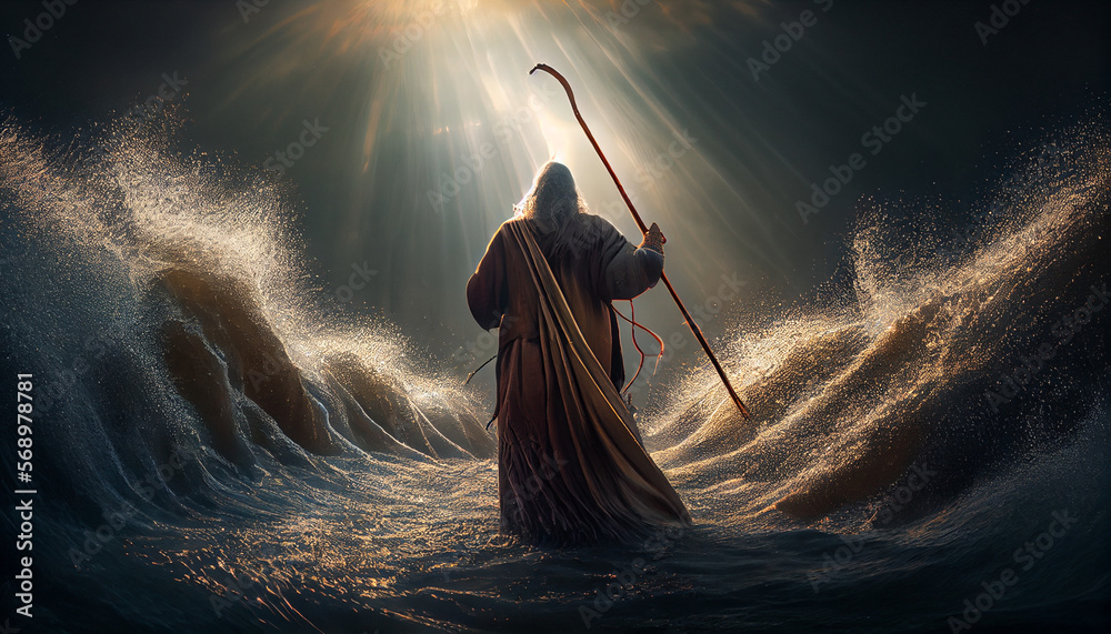 Moses holds out his staff and God parts the waters of the Yam Suph (Reed sea). Generative AI