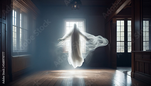 Ghost silhouette flies in the house opposite the window. Generative AI