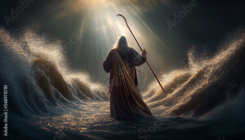 Fotografiet Moses holds out his staff and God parts the waters of the Yam Suph (Reed sea)
