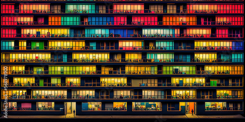 Appartmenthaus Bürohaus Abstrakt Surreal Frontalansicht Horizontal bei Nacht Generative AI Digital Art Illustration Kunst Hintergrund Background Cover Kunst  © Korea Saii