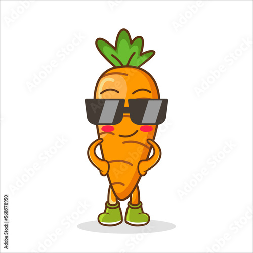 vector cartoon, character, and mascot of a carrot wearing black eyeglasses. Orange carrot with black glasses. Funny carrot with eyes and face.