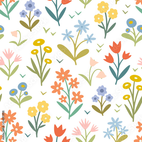 Seamless pattern with decorative doodle flowers, vector illustration