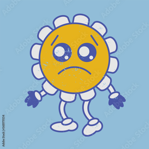 Pleading face retro flower emoji. Begging smile vintage naive emoticon
