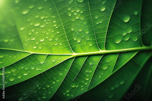 Green leaf covered with morning rasa or raindrops. AI