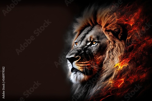 Portrait depicting the Lion King on fire on a black background. digital art. AI.