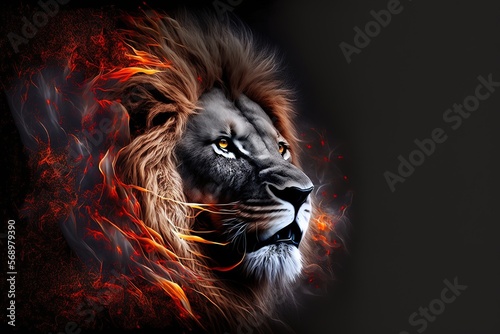 Portrait depicting the Lion King on fire on a black background. digital art. AI. © DZMITRY