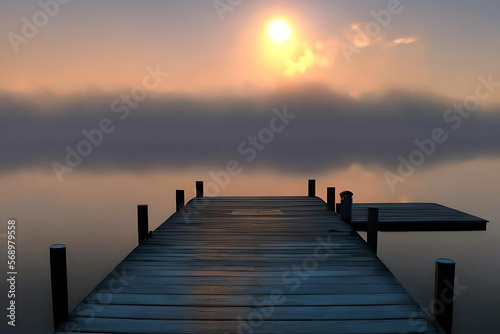 Eerie wooden pier on lake at sunrise. Ai Generative Illustrations