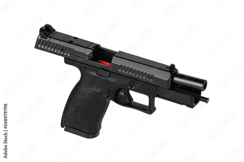Modern semi-automatic pistol isolate on a white background. Armament for the army and police. Short-barreled weapon