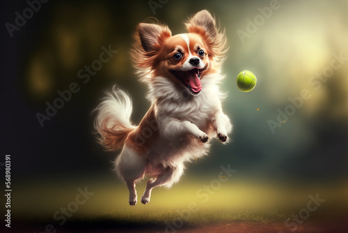 Little happy dog jumps for the ball. Generative AI