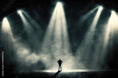 all alone on stage with spotlights, ready to perform for the crowds, center of attention, focus, generative ai photo