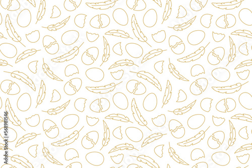 golden seamless pattern with eggs, egg shells and feathers; Easter background- vector illustration