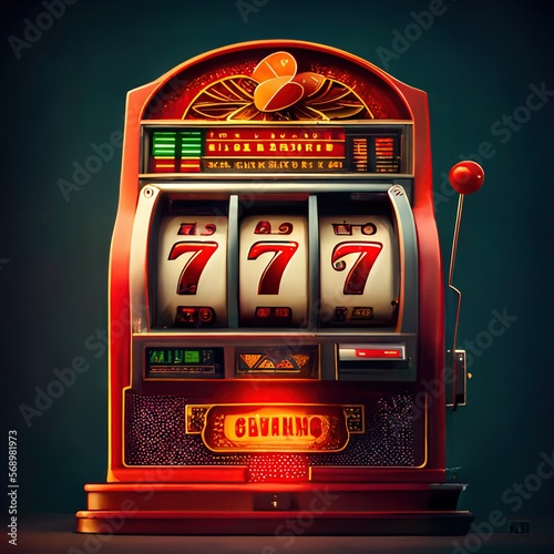 Slot machine illustration. Jackpot poker 777 golden slot machine. Gambling gold prize fortune vector concept. Illustration of game machine, gaming casino. AI