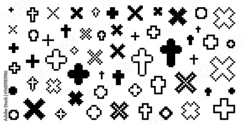 Pixel 8 bit cross vector png set. collection of crosses. isolated + symbol pixelated icons. plus pixel art. Old PC gaming style.