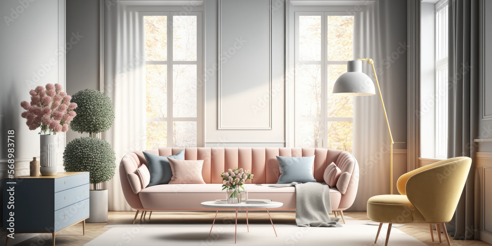 Illustration of Modern cozy living room with pink couch with pastel colors and natural light. Generative AI Illustration of Modern cozy living room with pink couch with pastel colors and natural light. Generative AI