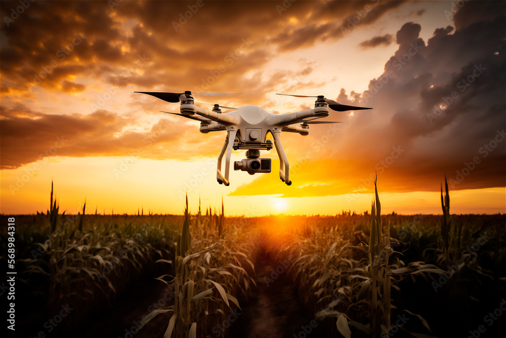 Drone flying monitoring plantation on smart farm. Modern agriculture, terrain scanning technology. AI generated Drone flying monitoring plantation on smart farm. Modern agriculture, terrain scanning technology. AI generated