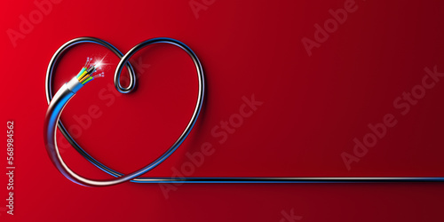 Creative 3D render illustration with a heart shaped fiber optic cable.	