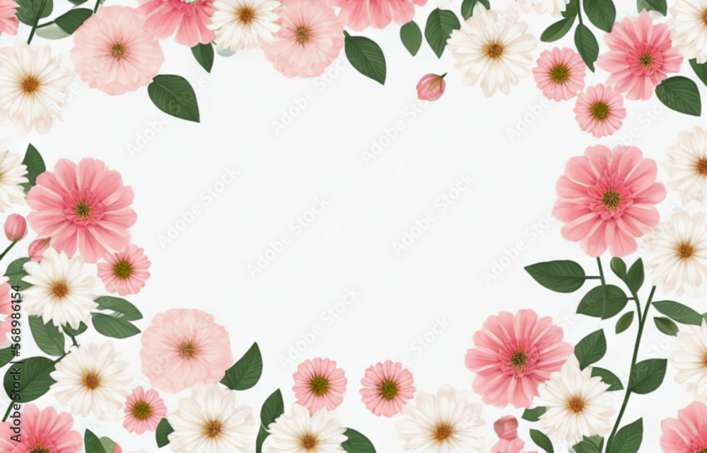 flowers and green leaves lie on a white background with an empty spot in the center.