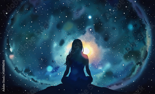 Silhouette of woman with universe background in watercolor style