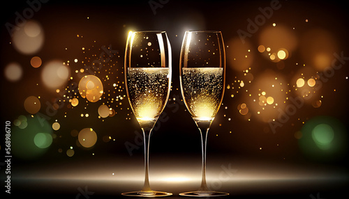 Cheers  champagne glasses  blurry golden festive background. generative AI