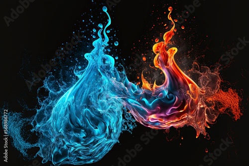 cartoon illustration, fire and water splash, generative, ai