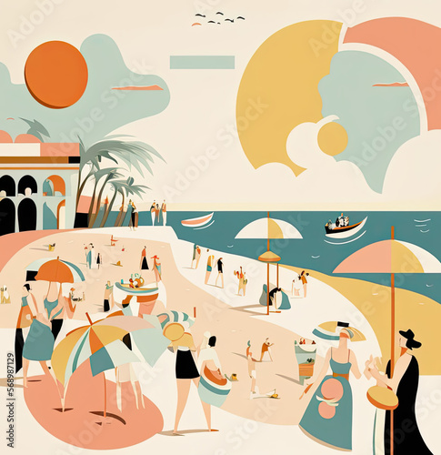 summer beach illustration, generative ai illustration with soft colors