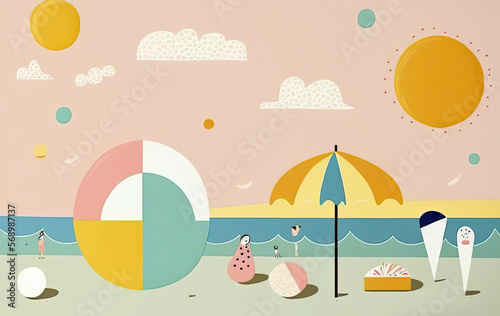 summer beach illustration, generative ai illustration with soft colors