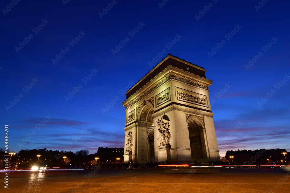 Paris, France. Arc de Triomphe at dusk. February 5, 2023.