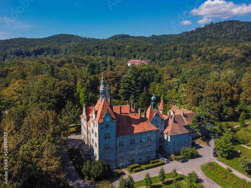 Aerial vIew by drone. Summer. Shenborn Palace Karpaty, Zakarpattia Ukraine Castles 