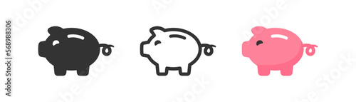 Piggy bank icon on light background. Money savings symbol. Time management, coin, pink pig, cash sign. Outline, flat, and colored style. Flat design. Vector illustration.