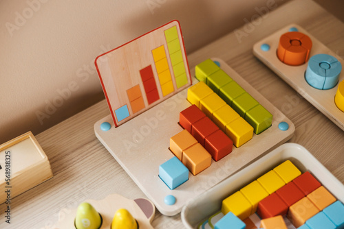 Close up of a educational montessori toy made for learning colors and counting.