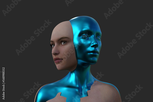 3D rendering. Merging two female heads on a black background.