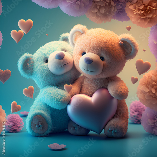 A couple of teddy bears in love, holding a big heart, March 8th, pastel colors, Valentine's Day, Valentine's Day holiday, picture with hearts and bears. generative ai	