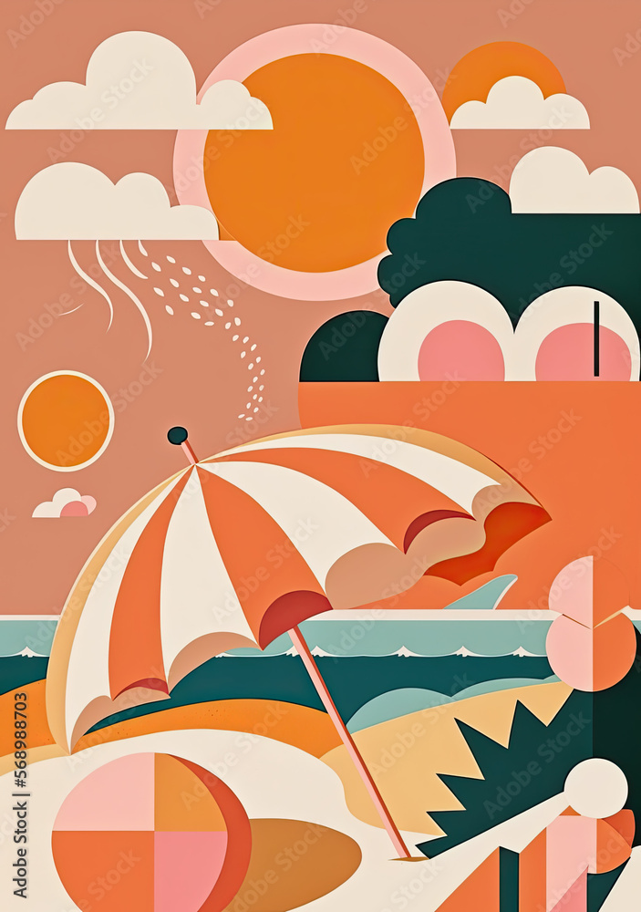 summer beach scene, as a postcard or poster, generative ai illustration in orange soft tones colors