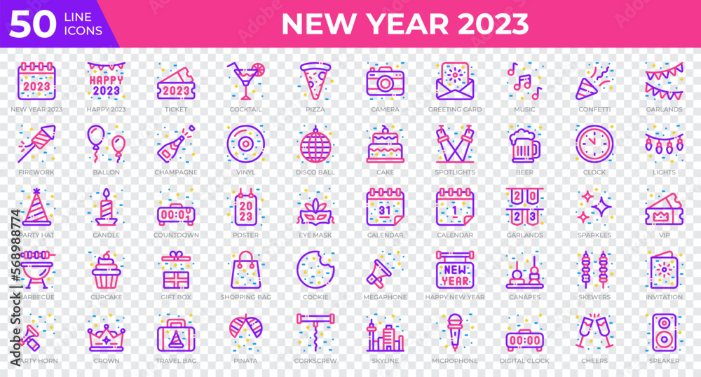 New year 2023 icons in colored line style. Calendar, Confetti, Pizza. Colored outline icons collection. Holiday symbol. Vector illustration