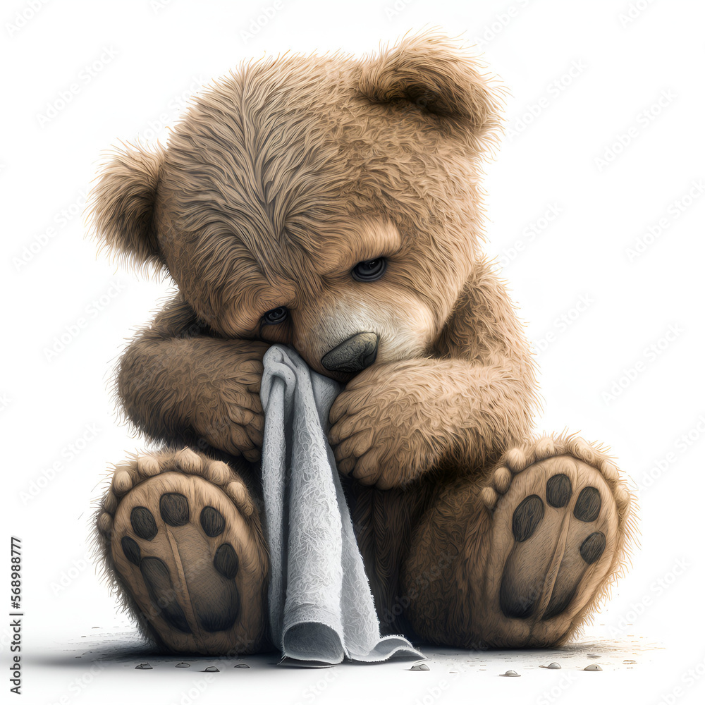 teddy bear sitting and crying, wiping his tears with a handkerchief for ...